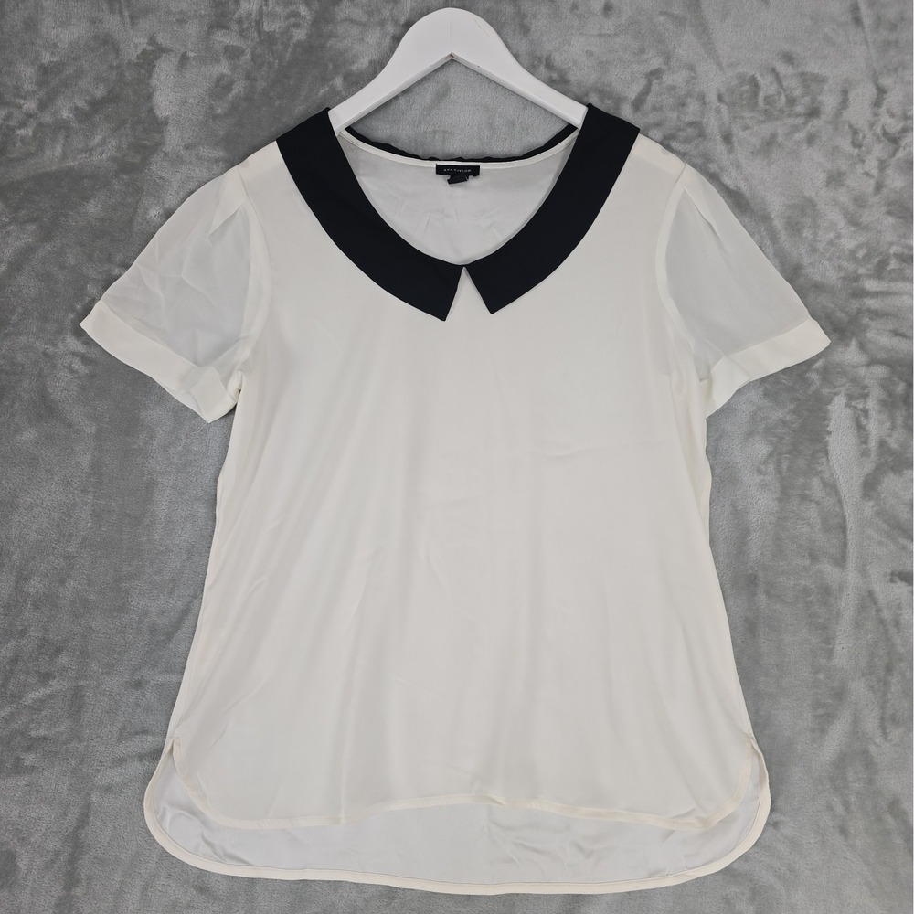 Ann Taylor Peter Pan Black Collar Blouse Top Short Sleeve Med Cream‎ Sheer Twee